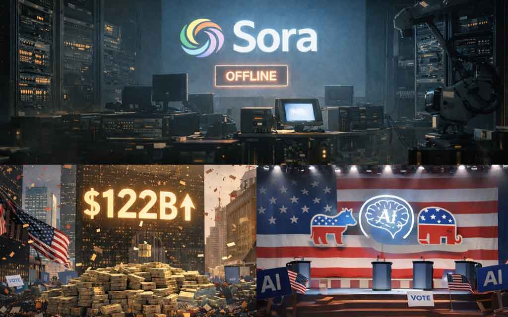 US AI industry news in April 2026 showing OpenAI funding, Sora shutdown, and political impact of artificial intelligence