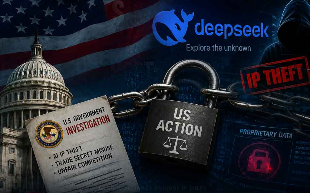 U.S. vs China AI conflict highlighting DeepSeek intellectual property theft allegations and global tech tensions