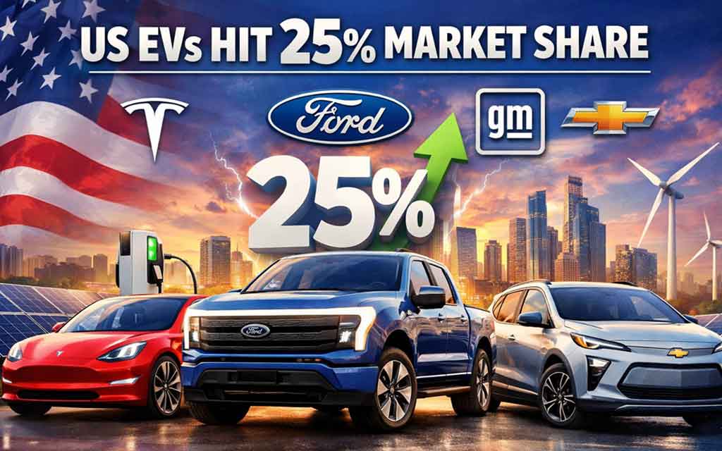 Electric vehicles dominating US roads in 2026 with Tesla Ford GM models representing record 25 percent EV market share growth