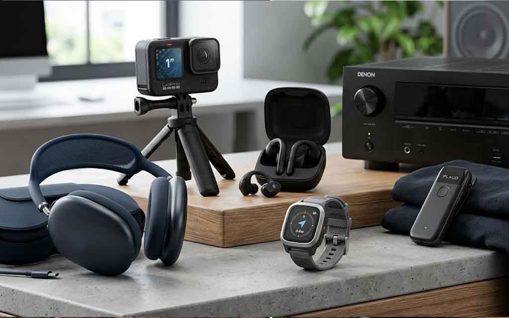 latest gadgets including Apple AirPods Max 2 GoPro action cameras AI wearable and satellite smartwatch representing US tech trends April 2026