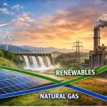 Solar and wind energy farms generating electricity across the US surpassing natural gas for the first time in 2026 clean energy milestone