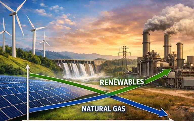 Solar and wind energy farms generating electricity across the US surpassing natural gas for the first time in 2026 clean energy milestone