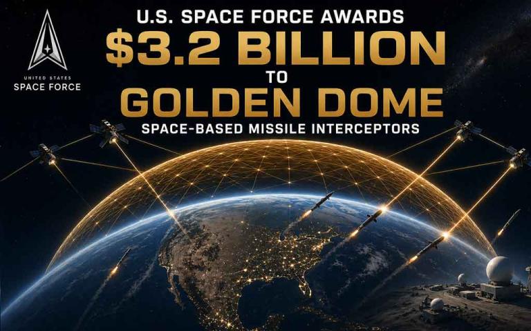 U.S. Space Force Golden Dome missile defense system with space-based interceptors in low Earth orbit