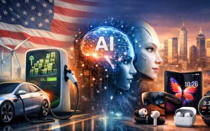 collage of electric vehicles AI technology and consumer gadgets representing US tech innovation trends in April 2026