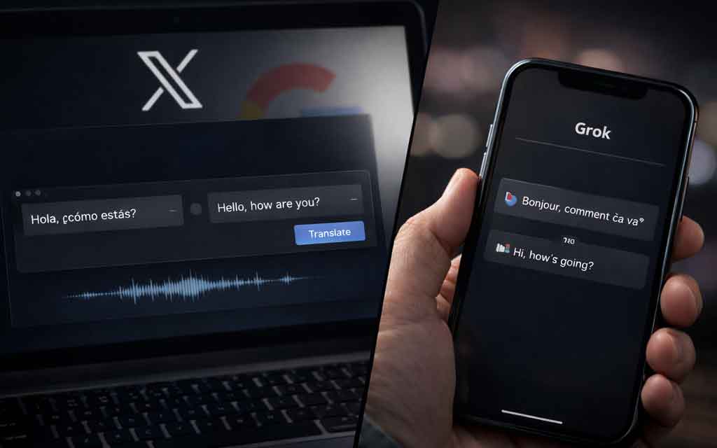 X platform using Grok AI translation replacing Google Translate enabling seamless global conversations across languages including Japanese and English