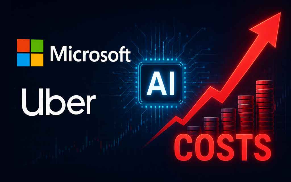 Enterprise AI cost crisis showing Microsoft, Uber, AI coding tools, token pricing, rising infrastructure expenses, and agentic AI workflows