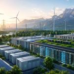 AI data centers powered by renewable energy, solar farms, battery storage systems, and sustainable green technology infrastructure in Europe