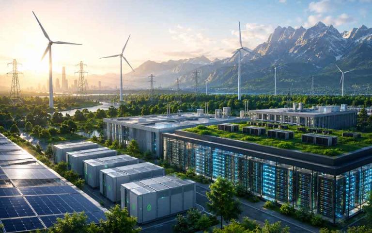 AI data centers powered by renewable energy, solar farms, battery storage systems, and sustainable green technology infrastructure in Europe