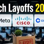 Futuristic AI-driven workplace disruption showing tech layoffs, artificial intelligence automation, corporate restructuring, and the future of American tech jobs