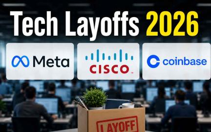 Futuristic AI-driven workplace disruption showing tech layoffs, artificial intelligence automation, corporate restructuring, and the future of American tech jobs