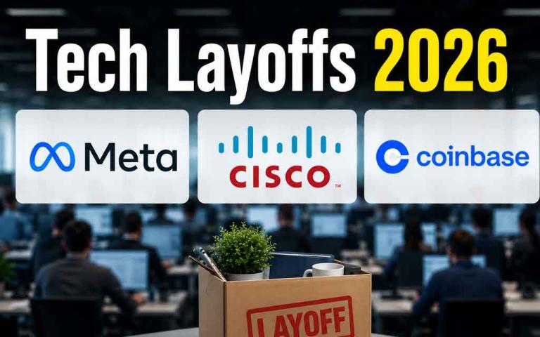 Futuristic AI-driven workplace disruption showing tech layoffs, artificial intelligence automation, corporate restructuring, and the future of American tech jobs