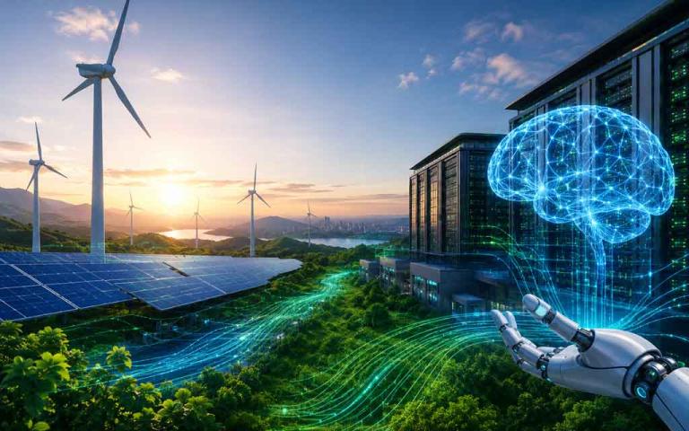 Futuristic AI-powered renewable energy ecosystem with solar panels, wind turbines, smart grids, battery storage systems, and sustainable data centers