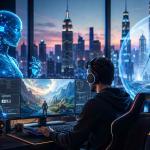 Futuristic AI-powered gaming world with smart NPCs, game developers, immersive gameplay, generative AI tools, and advanced gaming technology