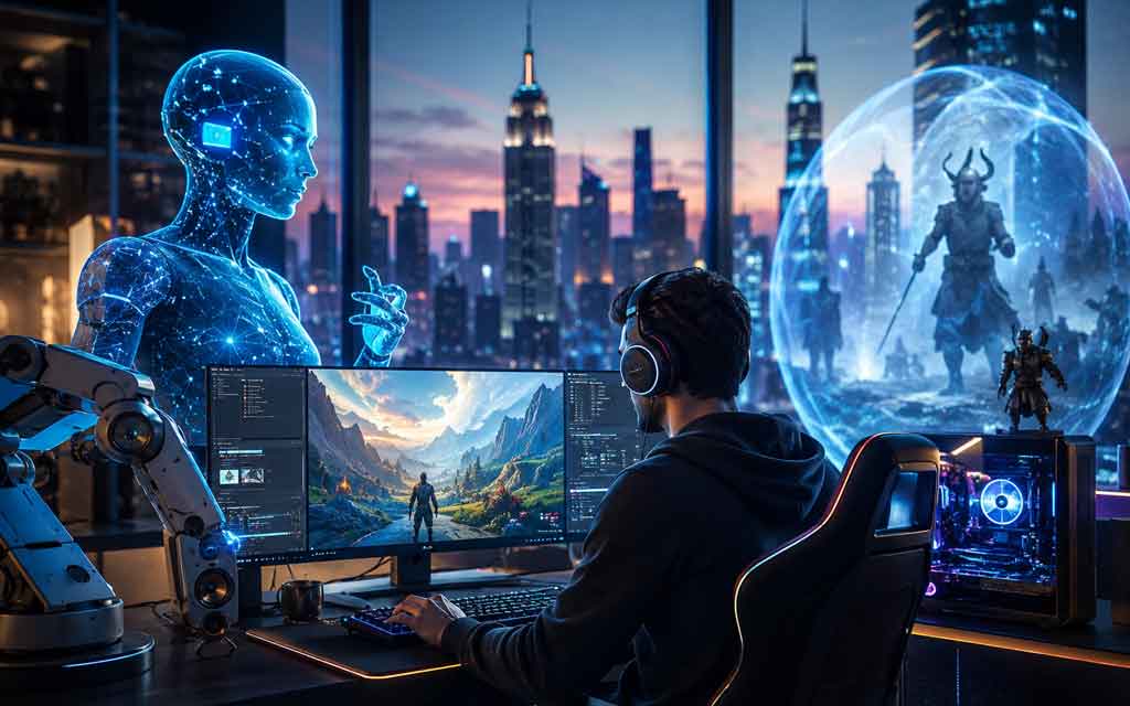 Futuristic AI-powered gaming world with smart NPCs, game developers, immersive gameplay, generative AI tools, and advanced gaming technology