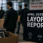Illustration of AI replacing jobs across tech and EV sectors during 2026 layoffs wave.