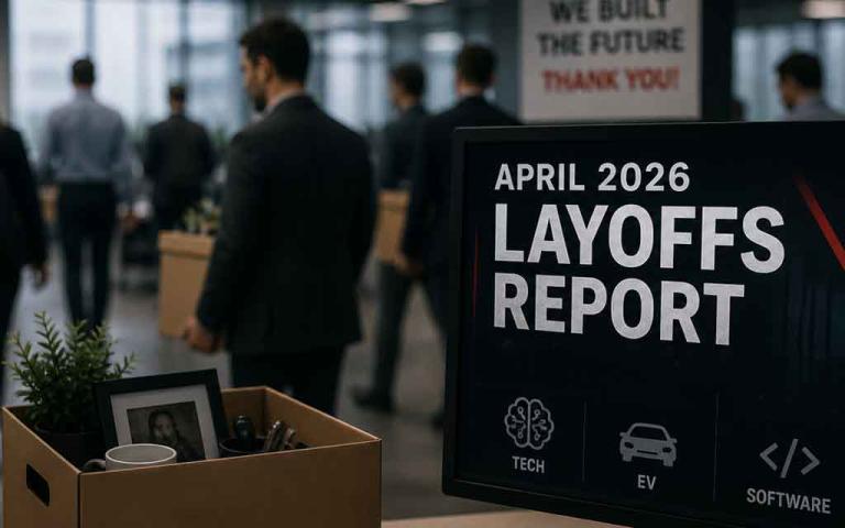 Illustration of AI replacing jobs across tech and EV sectors during 2026 layoffs wave.