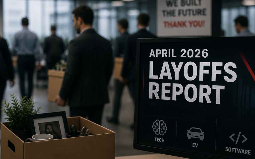 Illustration of AI replacing jobs across tech and EV sectors during 2026 layoffs wave.