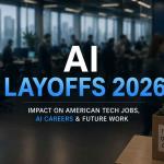 Futuristic AI-driven workplace showing automation, software engineers, AI agents, data centers, coding interfaces, and the future of American tech jobs