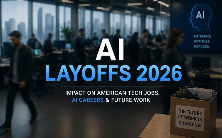 Futuristic AI-driven workplace showing automation, software engineers, AI agents, data centers, coding interfaces, and the future of American tech jobs