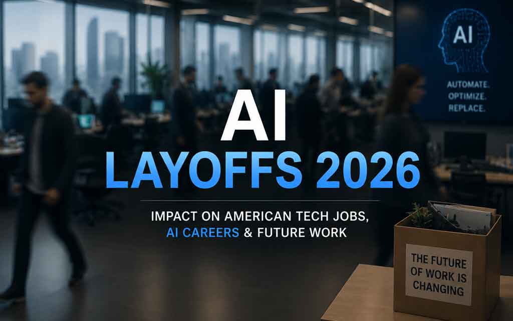 Futuristic AI-driven workplace showing automation, software engineers, AI agents, data centers, coding interfaces, and the future of American tech jobs