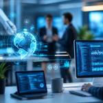 Concept illustration of future-proof tech careers with AI collaboration, cybersecurity, and cloud computing roles.