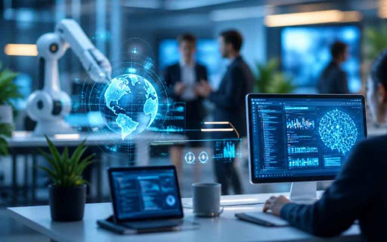 Concept illustration of future-proof tech careers with AI collaboration, cybersecurity, and cloud computing roles.