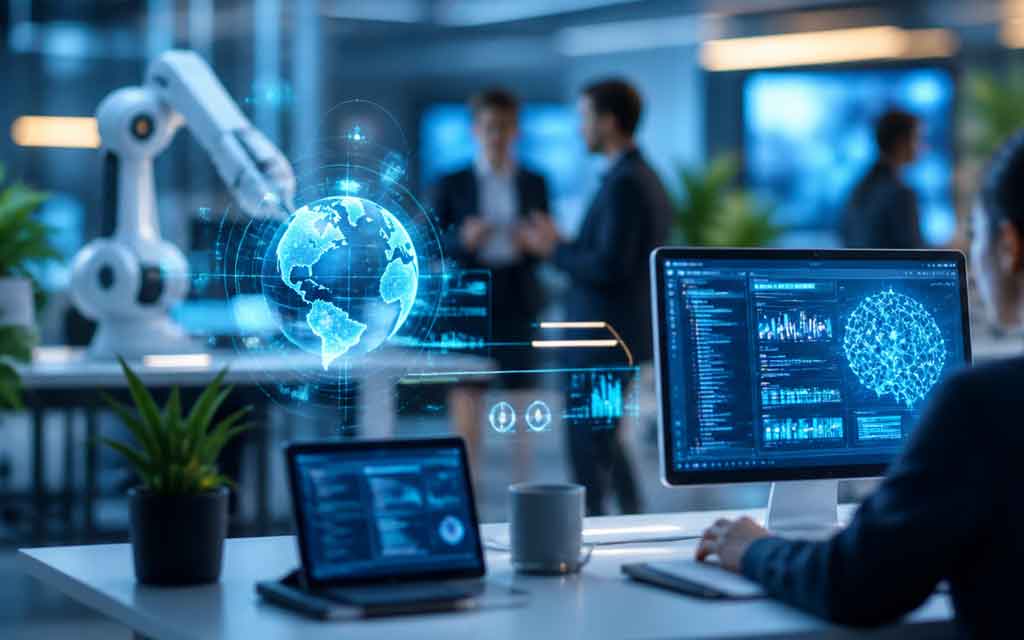 Concept illustration of future-proof tech careers with AI collaboration, cybersecurity, and cloud computing roles.