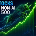 AI stock market growth with semiconductor companies, data centers, and futuristic financial charts showing AI-driven investment gains
