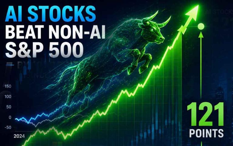 AI stock market growth with semiconductor companies, data centers, and futuristic financial charts showing AI-driven investment gains