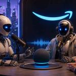 Futuristic AI podcast studio featuring Amazon Alexa+, robot podcast hosts, smart speakers, voice AI technology, and personalized audio content generation
