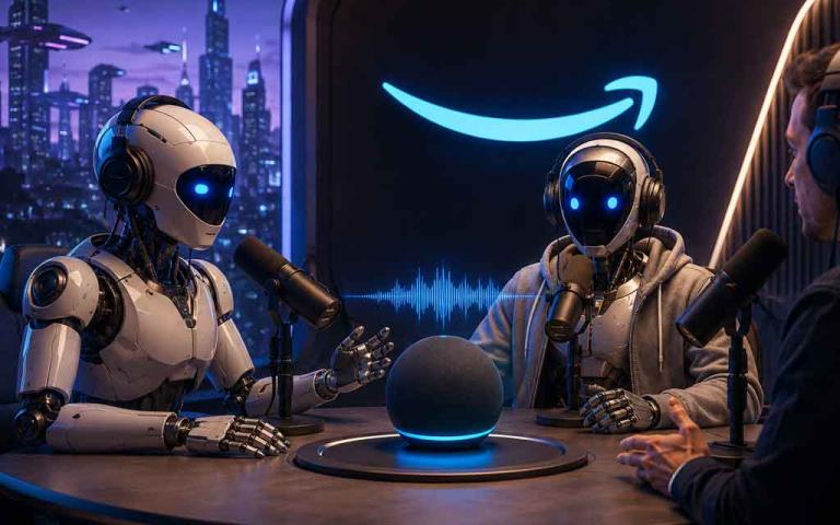 Futuristic AI podcast studio featuring Amazon Alexa+, robot podcast hosts, smart speakers, voice AI technology, and personalized audio content generation
