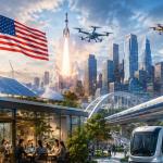 Americans using AI tools, electric vehicles, smart gadgets, and modern technology in daily life across cities, homes, and workplaces in 2026