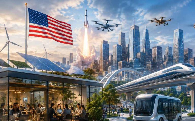 Americans using AI tools, electric vehicles, smart gadgets, and modern technology in daily life across cities, homes, and workplaces in 2026