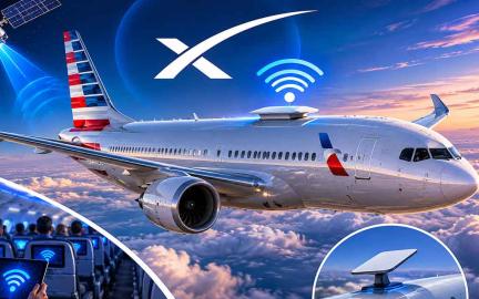 American Airlines aircraft equipped with SpaceX Starlink satellite internet for high-speed in-flight Wi-Fi connectivity