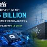 Advanced semiconductor and AI power management concept featuring Analog Devices chips, AI data center infrastructure, power delivery systems, and futuristic semiconductor technology