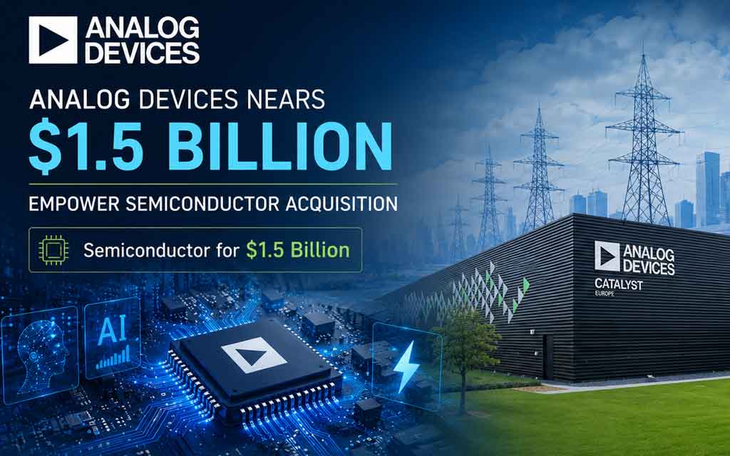 Advanced semiconductor and AI power management concept featuring Analog Devices chips, AI data center infrastructure, power delivery systems, and futuristic semiconductor technology
