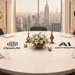 AI conference room in New York with diverse religious leaders including Hindu and Sikh representatives meeting AI executives