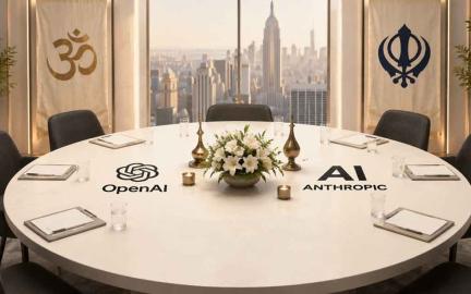 AI conference room in New York with diverse religious leaders including Hindu and Sikh representatives meeting AI executives