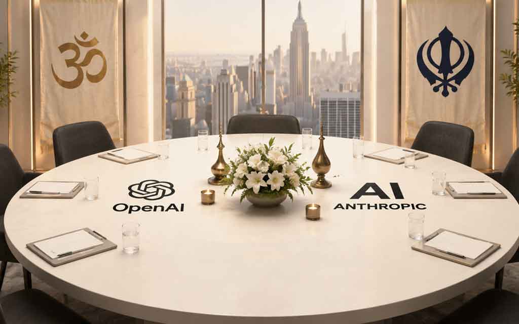 AI conference room in New York with diverse religious leaders including Hindu and Sikh representatives meeting AI executives