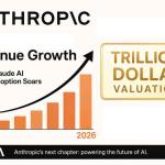 Anthropic AI growth with Claude models, trillion-dollar valuation charts, AI infrastructure, and futuristic enterprise artificial intelligence