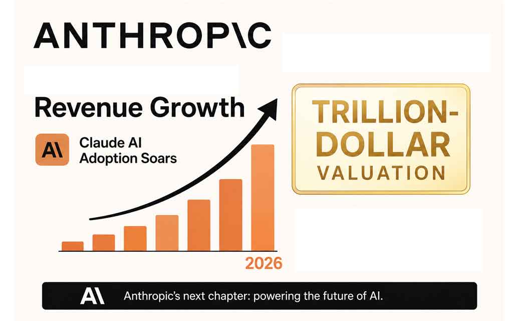 Anthropic AI growth with Claude models, trillion-dollar valuation charts, AI infrastructure, and futuristic enterprise artificial intelligence