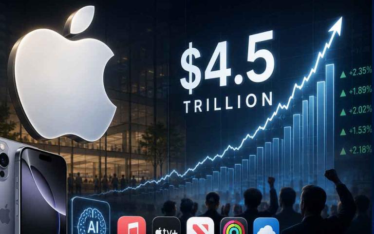 Apple stock market milestone with iPhone 17, AI-powered Apple ecosystem, financial growth charts, and futuristic technology innovation