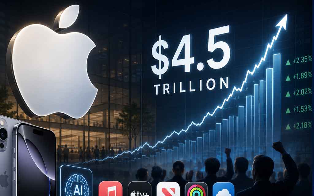 Apple stock market milestone with iPhone 17, AI-powered Apple ecosystem, financial growth charts, and futuristic technology innovation