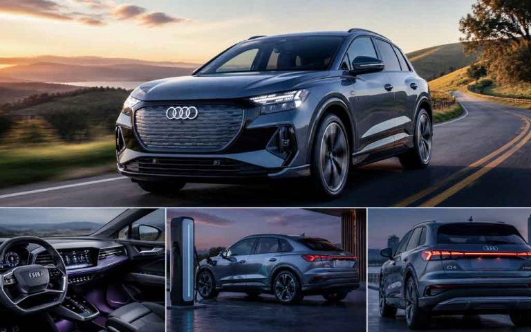 Audi Q4 e-tron 2026 electric SUV with updated design and digital interior in a modern setting.