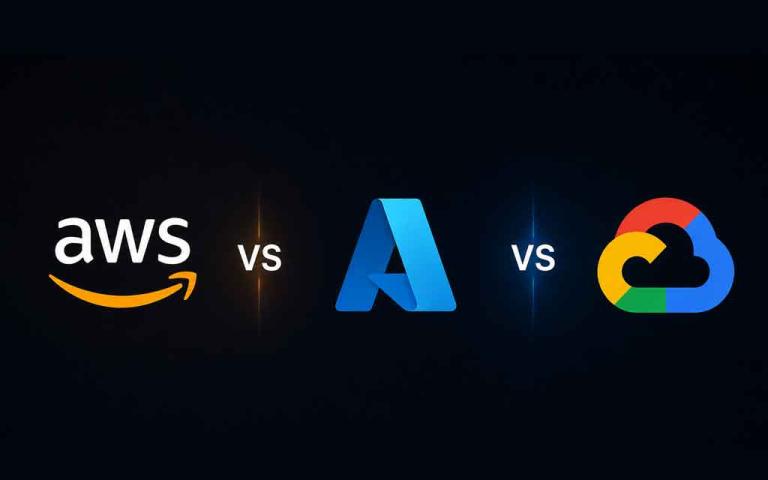 Cloud computing comparison showing AWS, Microsoft Azure, and Google Cloud AI platforms with data centers, AI services, and enterprise technology