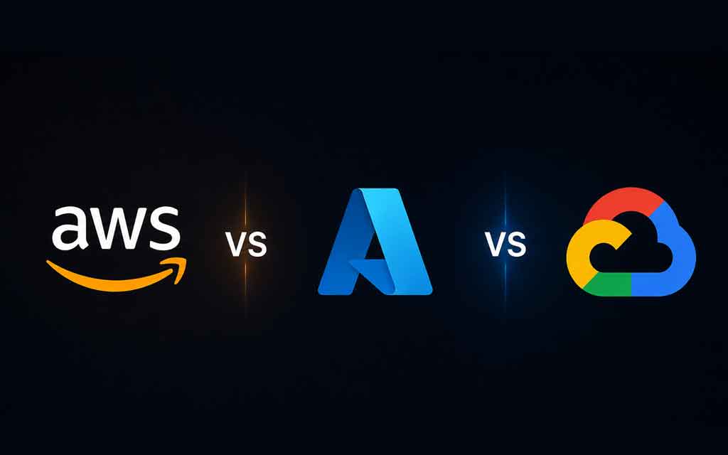 Cloud computing comparison showing AWS, Microsoft Azure, and Google Cloud AI platforms with data centers, AI services, and enterprise technology