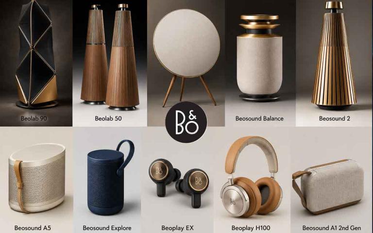 Bang & Olufsen luxury speakers with premium Scandinavian design, immersive wireless sound, AI room optimization, and high-end home audio setup