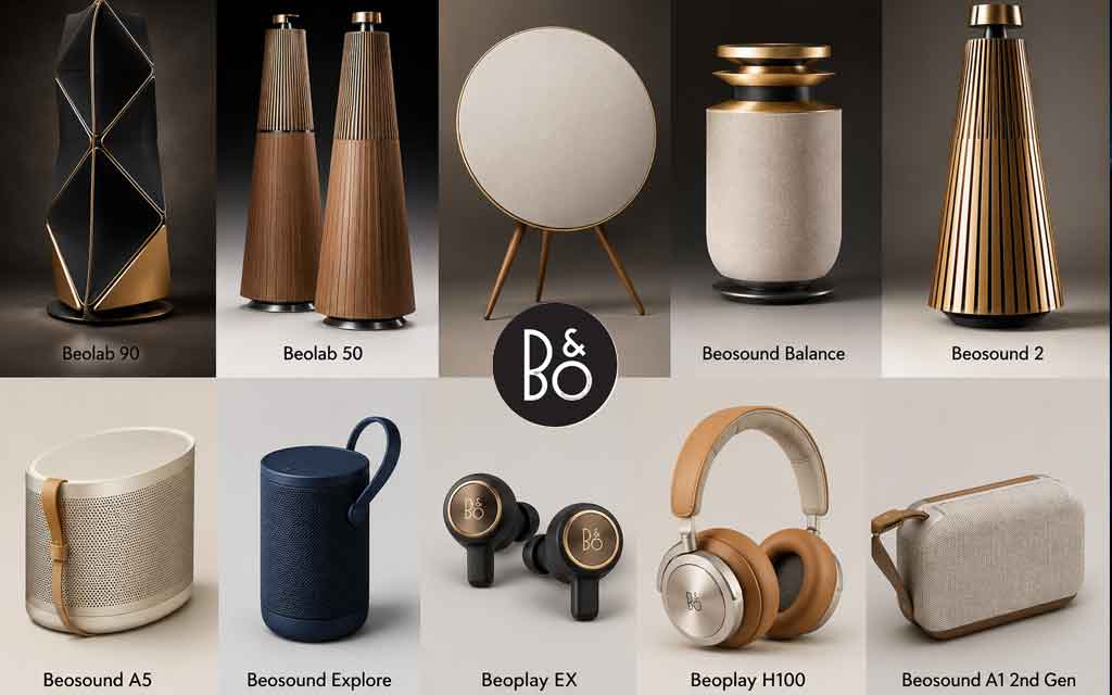 Bang & Olufsen luxury speakers with premium Scandinavian design, immersive wireless sound, AI room optimization, and high-end home audio setup
