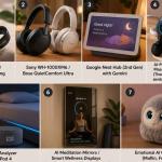 AI-powered wellness and relaxation gadgets for 2026 featuring smart rings, sleep technology, adaptive headphones, meditation devices, and futuristic home wellness setup