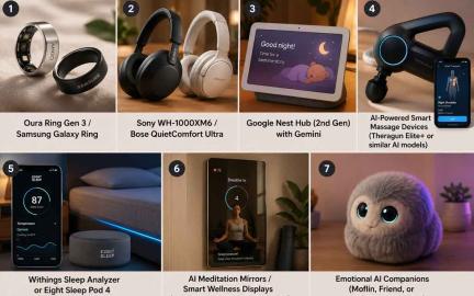 AI-powered wellness and relaxation gadgets for 2026 featuring smart rings, sleep technology, adaptive headphones, meditation devices, and futuristic home wellness setup